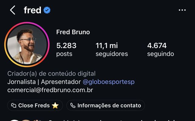 Perfil de Fred Bruno no Instagram